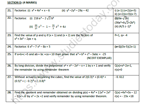 CBSE Class 9 Mathematics Polynomials Worksheet Set C